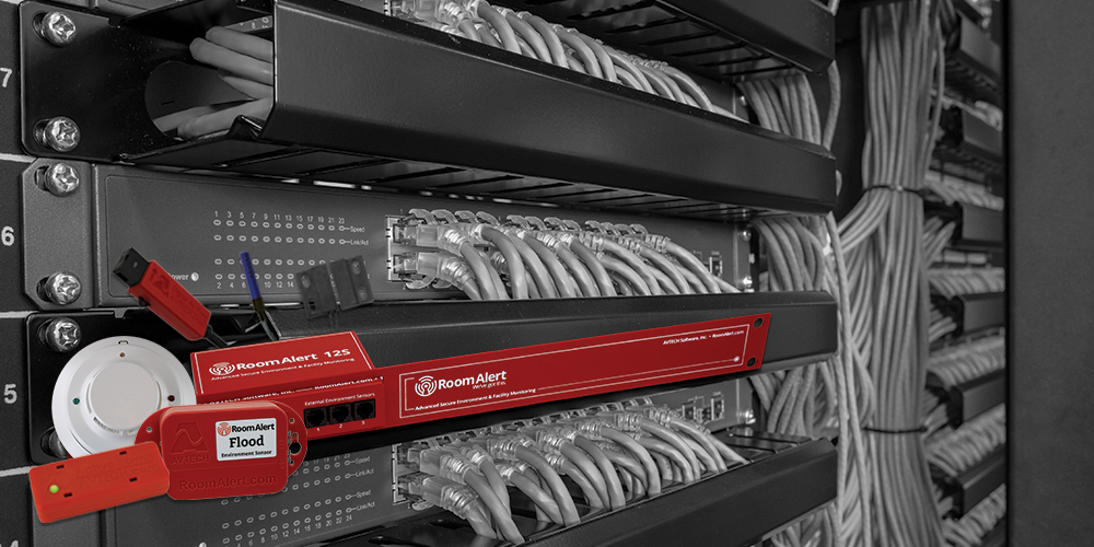 Graphic depicting the Room Alert PRO bundle installed in an MDF/IDF closet, showing the ecosystem protecting critical IT infrastructure.